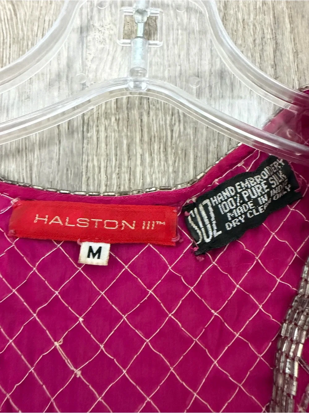 Vintage Halston III Magenta Sequin Tunic Top Sz M | 80s Silk Hand Embroidered